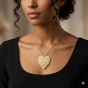 Carved Heart Pendant Necklace Floral Scroll Design Cream Tone 24.5"